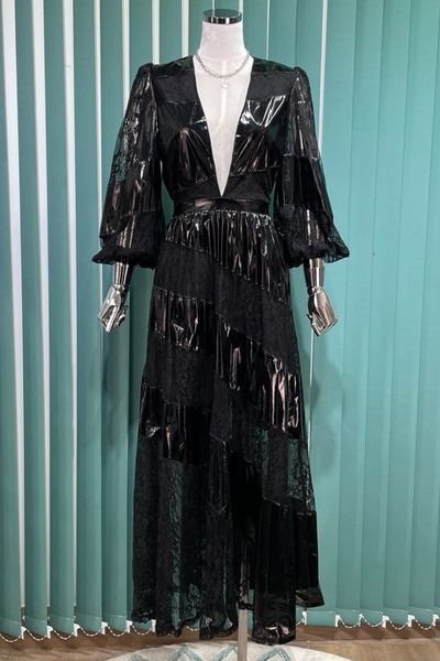 european station elegant socialite high-grade deep v-neck long skirt splicing lace patent leather dress for women autumn, Black;gray
european station elegant socialite high-grade deep v-neck long skirt splicing lace patent leather dress for women autumn, Black;gray