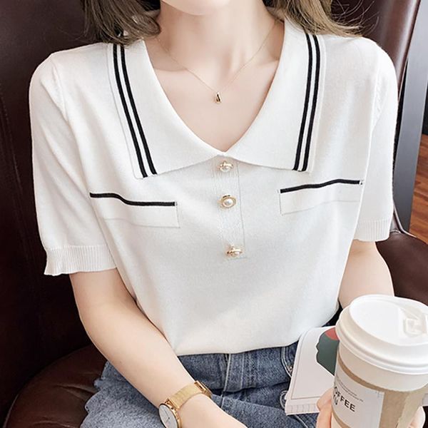 women's t-shirt summer knitted women short sleeve turn-down neck casual knit t-shirts femme loose patchwork fashion korean tees female, White
women's t-shirt summer knitted women short sleeve turn-down neck casual knit t-shirts femme loose patchwork fashion korean tees female, White