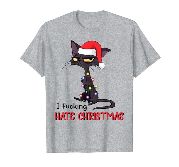 black cat santa hat i hate chirtsmas xmas gifts t-shirt, White;black 
black cat santa hat i hate chirtsmas xmas gifts t-shirt, White;black