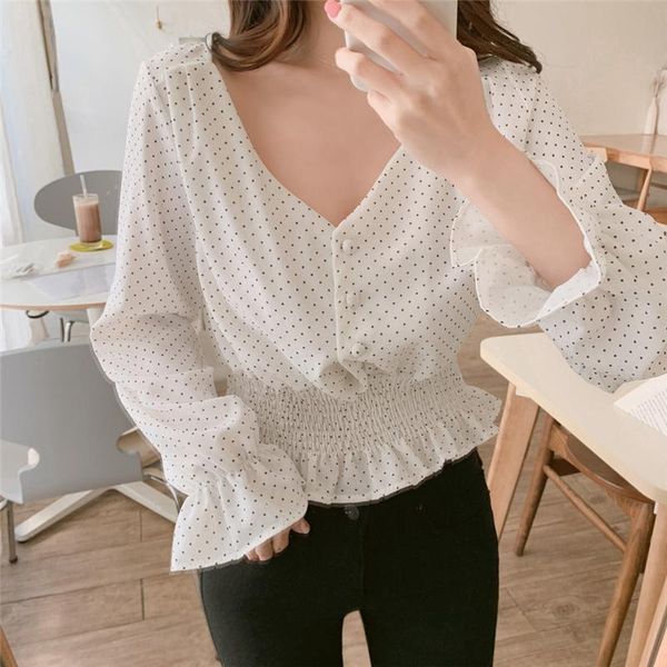 

women's blouses & shirts spring wave point vintage blouse elegant v-neck trumpet sleeve button slim waist ruffle lady lining commuter t, White