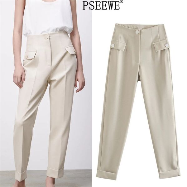 women pants high waist buttoned trousers for female fashion pockets zip fly loose beige office suit 210519, Black;white
women pants high waist buttoned trousers for female fashion pockets zip fly loose beige office suit 210519, Black;white