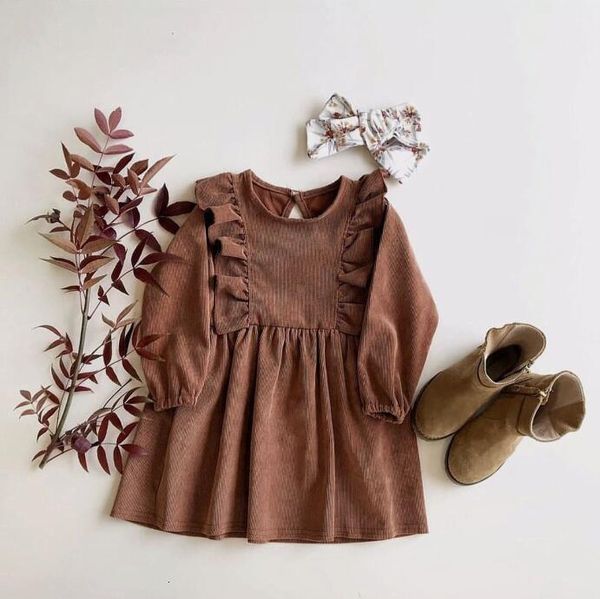 baby girls dress spring girls clothes ruffle sleeve dress for girls corduroy kids clothing, Red;yellow