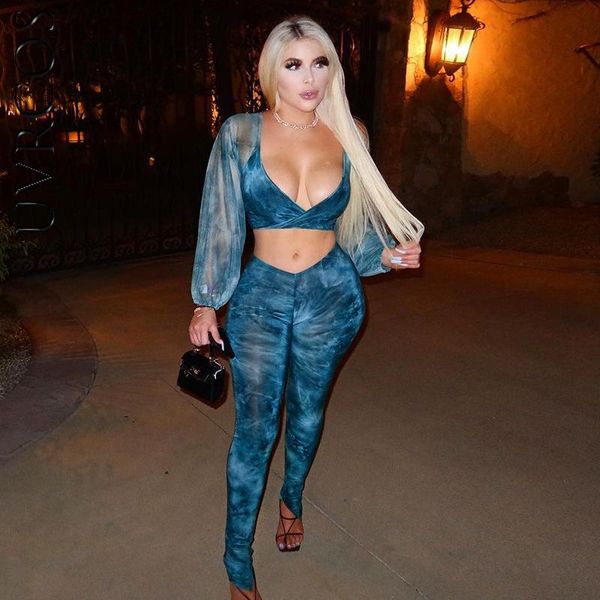 women's two piece pants 2021 autumn orange and blue tie dye printing mesh v-neck long sleeve navel suit women wear slim set, White
women's two piece pants 2021 autumn orange and blue tie dye printing mesh v-neck long sleeve navel suit women wear slim set, White