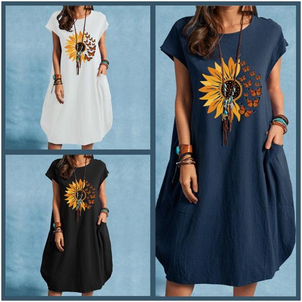 party dresses 2021 sunflower butterfly print dress irregular cotton linen women casual short sleeve loose pocket lady vestidos, White;black
party dresses 2021 sunflower butterfly print dress irregular cotton linen women casual short sleeve loose pocket lady vestidos, White;black