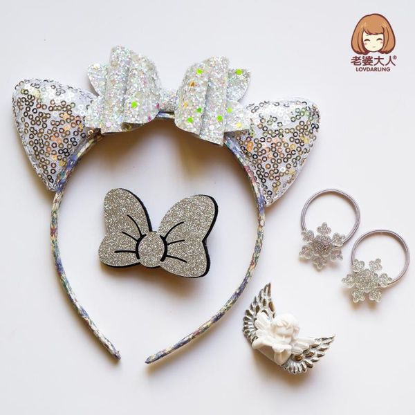 cat ears hairband quicksand oversized bow hairpin hair accessories gift box suit cross-border, Slivery;white