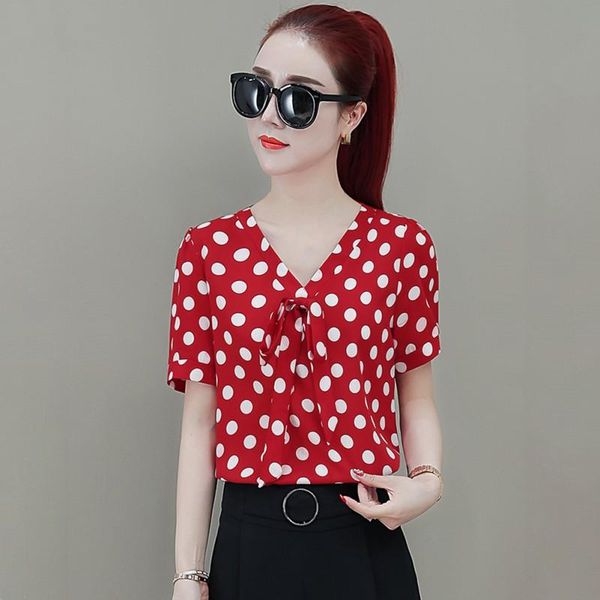 arrival summer polka dot chiffon shirt sweet slim women blouse casual v-neck short sleeve shirts with bow women's blouses &, White
arrival summer polka dot chiffon shirt sweet slim women blouse casual v-neck short sleeve shirts with bow women's blouses &, White