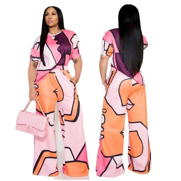 women's two piece pants fashion summer clothing round neck short sleeved personality printing high street casual wide leg suit, White
women's two piece pants fashion summer clothing round neck short sleeved personality printing high street casual wide leg suit, White