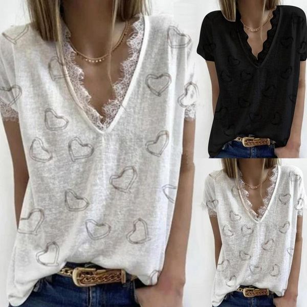 women's t-shirt woman tshirts heart printed v-neck lace shirt casual women clothing tshirt 2021 de mujer, White
women's t-shirt woman tshirts heart printed v-neck lace shirt casual women clothing tshirt 2021 de mujer, White