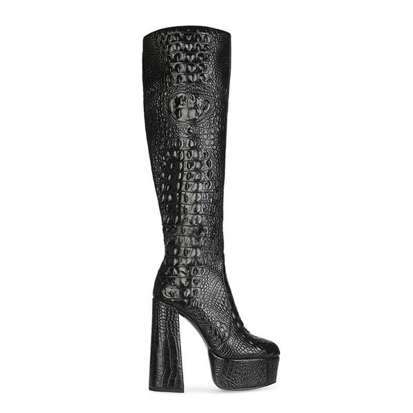 dress shoes thick heel knee length boots large women's high leather, Black