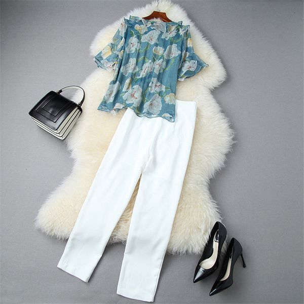 short elegant office lady summer fashion designers frilly diamonds chiffon shirt and suit pants piece sets, White;black
short elegant office lady summer fashion designers frilly diamonds chiffon shirt and suit pants piece sets, White;black