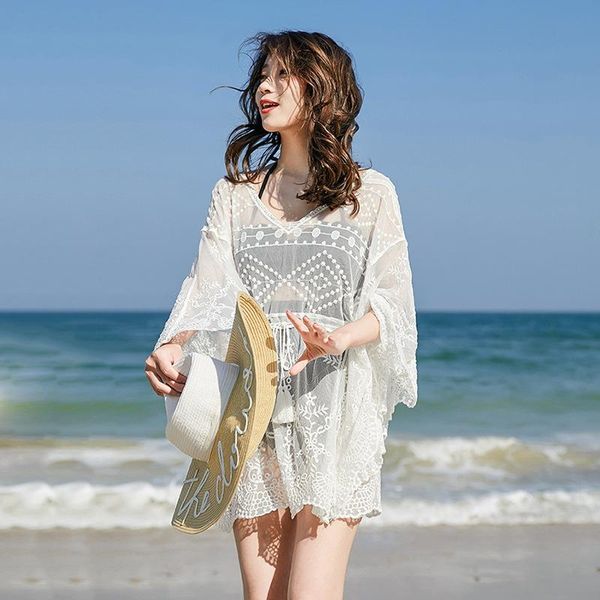 women's swimwear style short lace swimsuit with blouse seaside vacation beach skirt sun protection clothing bikini coat women, White;black
women's swimwear style short lace swimsuit with blouse seaside vacation beach skirt sun protection clothing bikini coat women, White;black