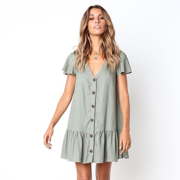 sleeve new breasted women's single v-neck loose short dress, White;black