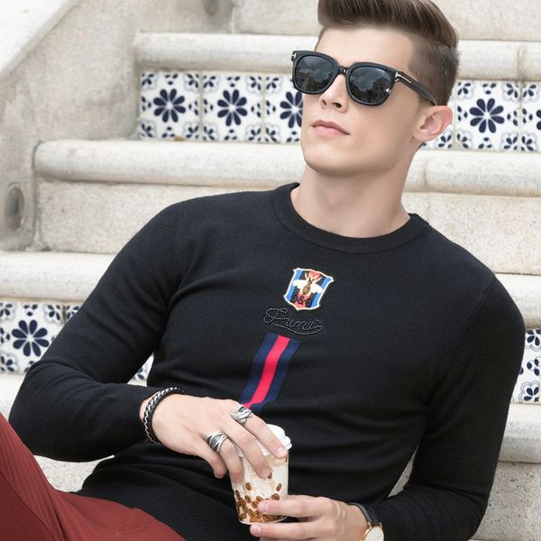 boutique sweater autumn and winter black crew neck bottomed men's slim youth elastic embroidery long sleeve clothes, White;black
boutique sweater autumn and winter black crew neck bottomed men's slim youth elastic embroidery long sleeve clothes, White;black