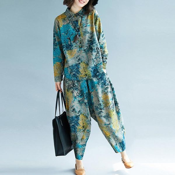 women's two piece pants #4053 cotton linen printed set long sleeve collar shirt and elastic waist harem vintage retro suits femme, White
women's two piece pants #4053 cotton linen printed set long sleeve collar shirt and elastic waist harem vintage retro suits femme, White