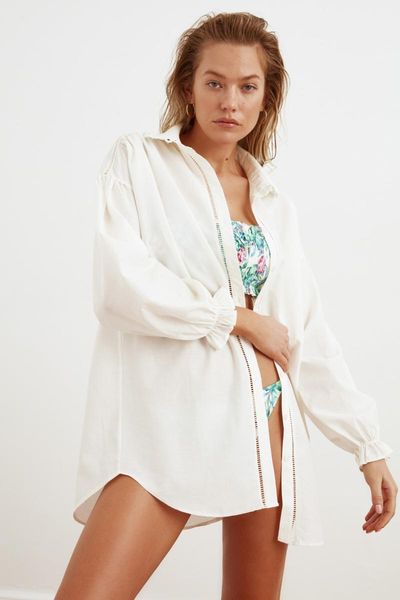 women's blouses & shirts trendyol ribbon detail shirt tbess21go0333, White 
women's blouses & shirts trendyol ribbon detail shirt tbess21go0333, White