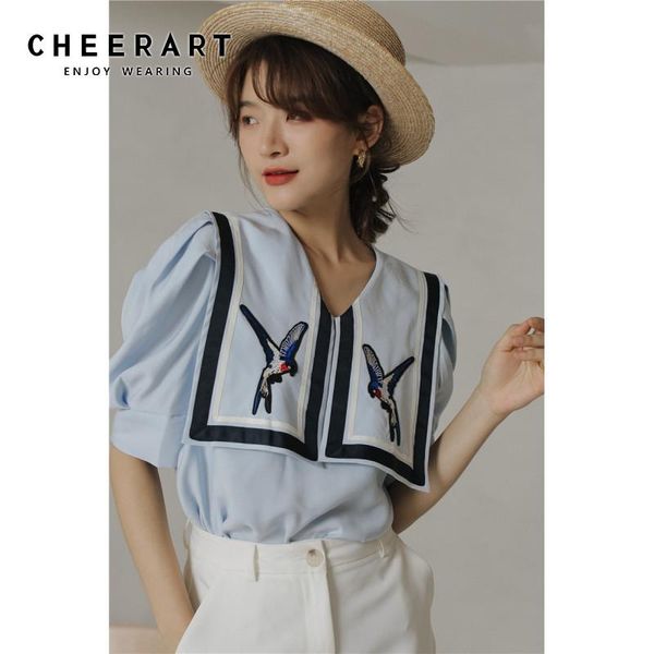 women's blouses & shirts cheerart puff sleeve bird embroidery blouse women blue button up shirt summer loose sailor collar designer 202, White
women's blouses & shirts cheerart puff sleeve bird embroidery blouse women blue button up shirt summer loose sailor collar designer 202, White