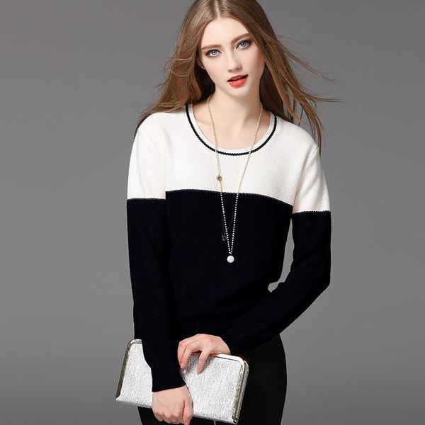 women's sweaters spring pullover thick loose knitted sweater women contrasting color round neck long-sleeve knitwear sueter mujer invie, White;black
women's sweaters spring pullover thick loose knitted sweater women contrasting color round neck long-sleeve knitwear sueter mujer invie, White;black