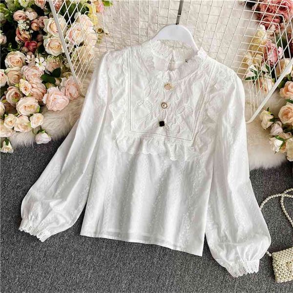 women fall white sweet blouse buttons stand collar lantern sleeve retro lace shirt korean female blusa uk085 210507
women fall white sweet blouse buttons stand collar lantern sleeve retro lace shirt korean female blusa uk085 210507