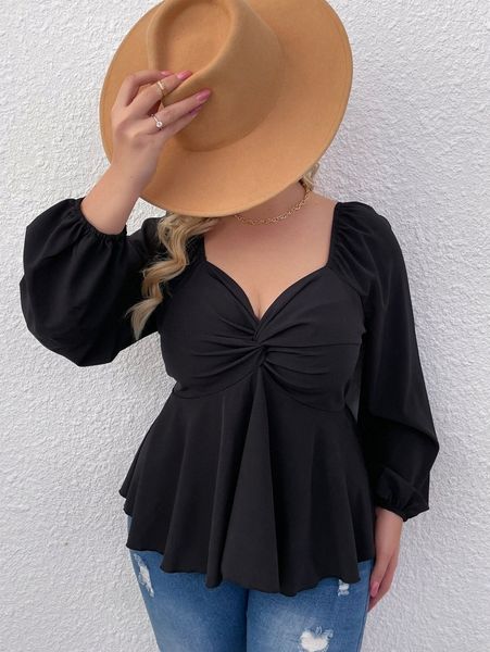 plus twist front shirred back lantern sleeve peplum blouse 78ge#, Black
