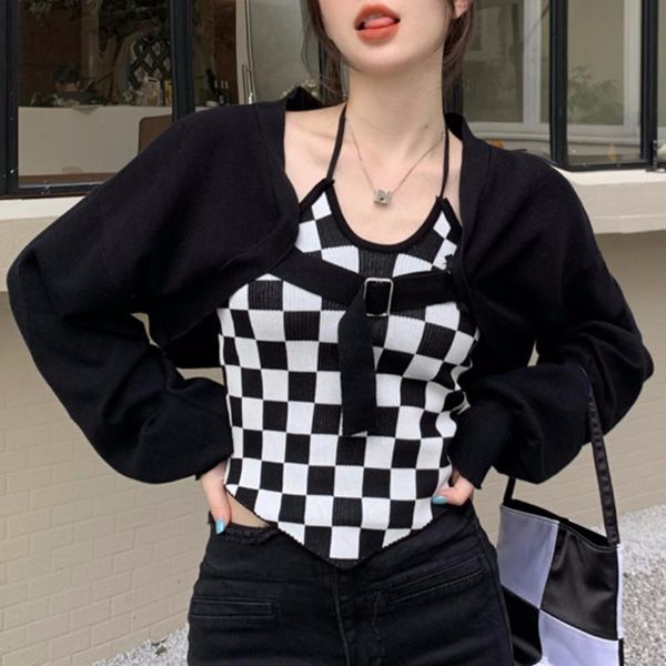 women's knits & tees spring and autumn knit sweater suit women loose black short shawl cardigan + chess board check camisole two-piece, White
women's knits & tees spring and autumn knit sweater suit women loose black short shawl cardigan + chess board check camisole two-piece, White