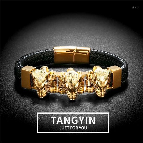 charm bracelets tangyin punk style men's bracelet black wide leather 3 gold wolf head stainless steel street trend fashion jewelry1, Golden;silver
charm bracelets tangyin punk style men's bracelet black wide leather 3 gold wolf head stainless steel street trend fashion jewelry1, Golden;silver