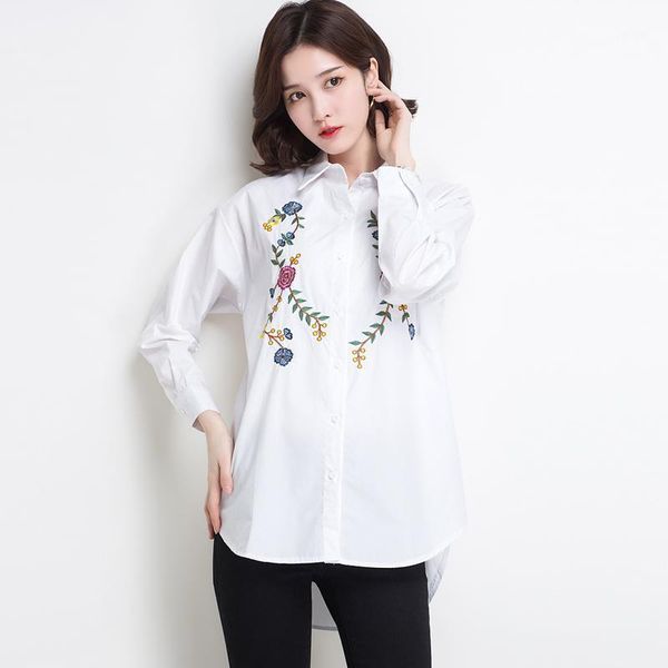 arrival spring elegant ladies embroidery casual loose blouse women floral long sleeve women's blouses & shirts, White