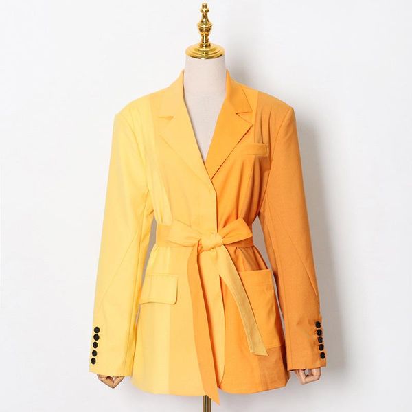 women's suits & blazers yellow women notched collar long sleeve contrast color high waist lace up loose coat autumn clothing, White;black
women's suits & blazers yellow women notched collar long sleeve contrast color high waist lace up loose coat autumn clothing, White;black