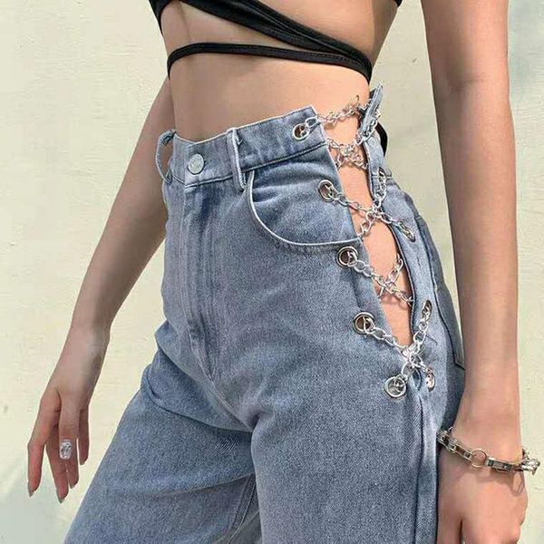 spring and autumn jeans women's side chain waist hollow retro mid high novel pants, Blue
spring and autumn jeans women's side chain waist hollow retro mid high novel pants, Blue
