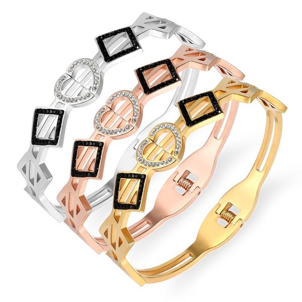bangle summer model rhinestone bangles female titanium steel circle crystals cuff bracelets for women lover gift, Black
