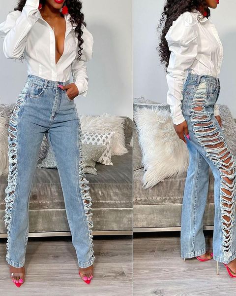 women's jeans 2021 high waist slant pocket ripped casual denim pants, Blue