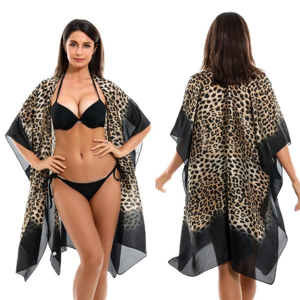 women's swimwear woman 2021 beach swimsuit cover up gradient leopard pattern imitation silk sunscreen bikini and kimono cardigan sarong, White;black
women's swimwear woman 2021 beach swimsuit cover up gradient leopard pattern imitation silk sunscreen bikini and kimono cardigan sarong, White;black