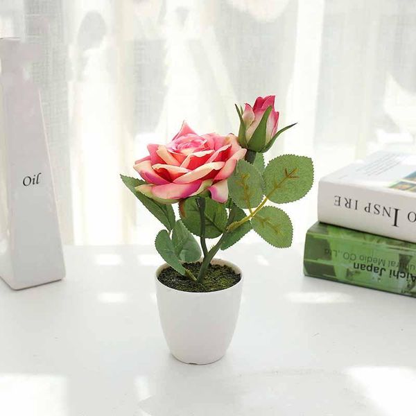 decorative flowers & wreaths 24cm2head small rose bonsai, high-quality artificial flowers, home decoration, ornaments of potted on the deskt