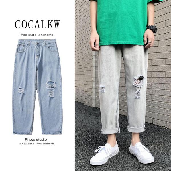 men's jeans nine points ripped tide brand hong kong style harajuku beggar pants summer thin straight loose cow trousers, Blue
men's jeans nine points ripped tide brand hong kong style harajuku beggar pants summer thin straight loose cow trousers, Blue