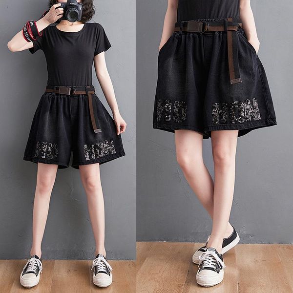 women's shorts 2021 summer high waist black women casual vintage sequins letter denim loose skirts, White;black
women's shorts 2021 summer high waist black women casual vintage sequins letter denim loose skirts, White;black