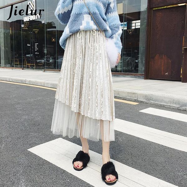 skirts skirt female korean mesh patchwork elastic waist pleated women gold velvet irregular fashion drawstring saia mujer, Black 
skirts skirt female korean mesh patchwork elastic waist pleated women gold velvet irregular fashion drawstring saia mujer, Black