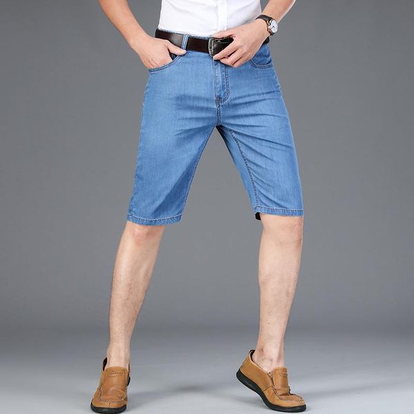 summer bamboo fiber stretch lightweight denim shorts classic brand business casual men's waist jeans, Blue 
summer bamboo fiber stretch lightweight denim shorts classic brand business casual men's waist jeans, Blue