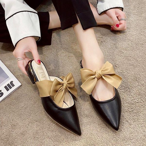 slippers baotou half elegant bowknot pointed low heel women's summer fashion outer wear0, Black 
slippers baotou half elegant bowknot pointed low heel women's summer fashion outer wear0, Black