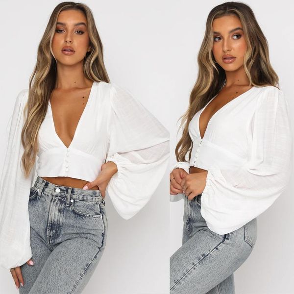 women's blouses & shirts deep v neck blouse women autumn long lantern sleeve high waist ladies casual clothes chic tunic mujer, White
women's blouses & shirts deep v neck blouse women autumn long lantern sleeve high waist ladies casual clothes chic tunic mujer, White