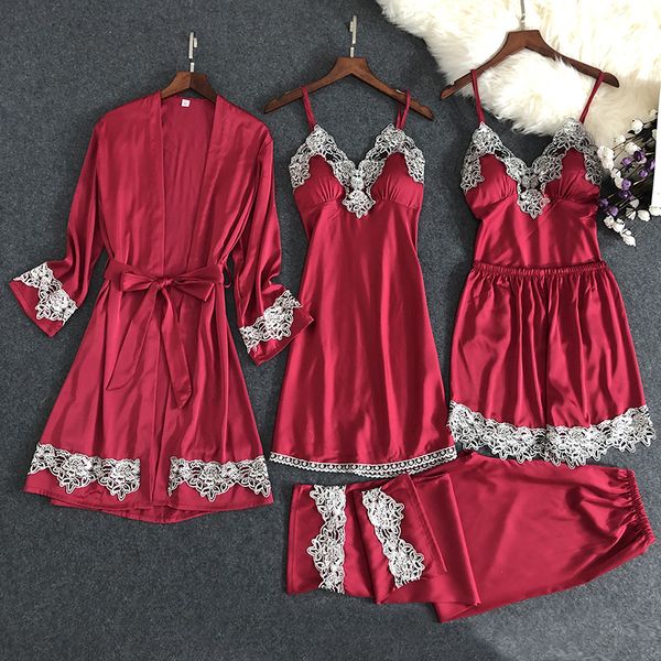 5pc satin robe sleep suit silk lace pajamas gown set womens v-neck cami nighties wear pijama spring home nightwear, Black;red
5pc satin robe sleep suit silk lace pajamas gown set womens v-neck cami nighties wear pijama spring home nightwear, Black;red