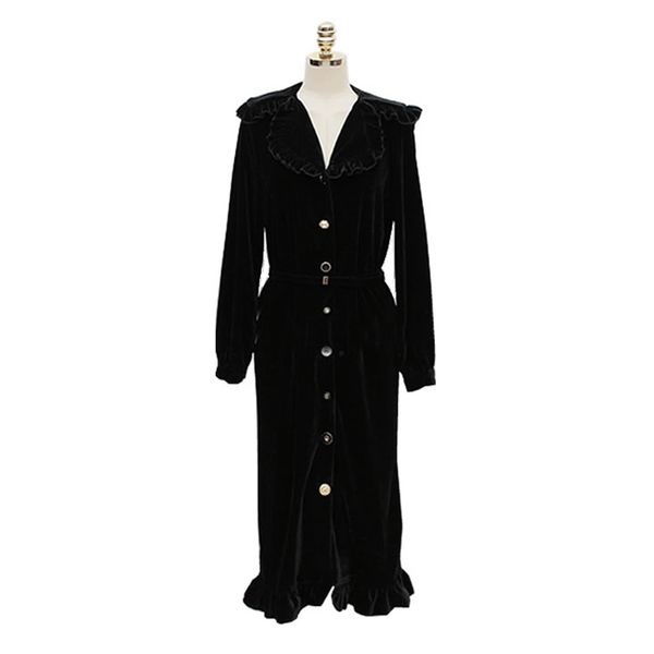 black long sleeve solid ruffle knee length dress velvet square collar button sash autumn winter elegant d0894 210514, Black;gray
black long sleeve solid ruffle knee length dress velvet square collar button sash autumn winter elegant d0894 210514, Black;gray