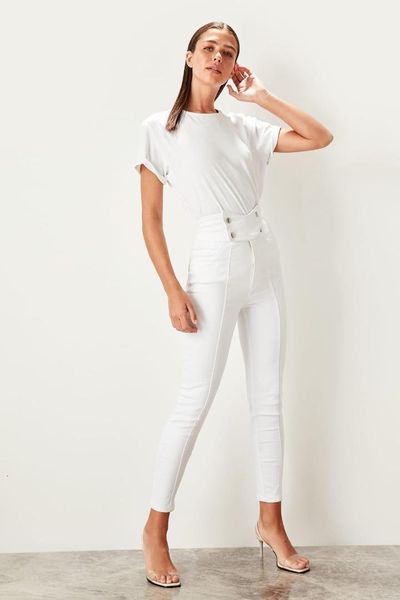 trendyol white button detail super high waist skinny jeans twoss19lr0253, Blue
