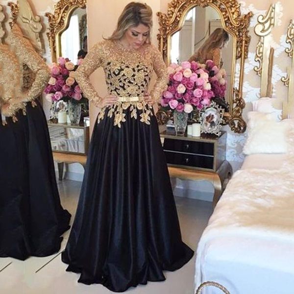 party dresses 2021 stylish long sleeves prom gold applique black evening gown with belt satin formal dress, White;black
party dresses 2021 stylish long sleeves prom gold applique black evening gown with belt satin formal dress, White;black