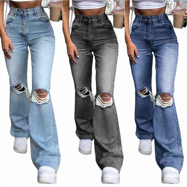 hole flare pants women jeans high waist ripped distressed streetwear trousers flared denim, Blue