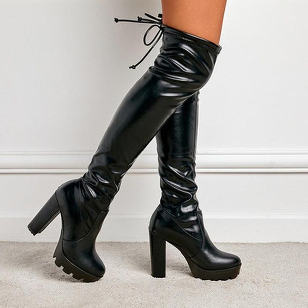 boots 2021 women's thick with elastic stovepipe over the knee high heel thigh flat, Black