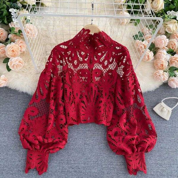 lace hollow out short blouse casual lantern long sleeve stand collar shirts female elegant red/pink/white loose 210721
lace hollow out short blouse casual lantern long sleeve stand collar shirts female elegant red/pink/white loose 210721