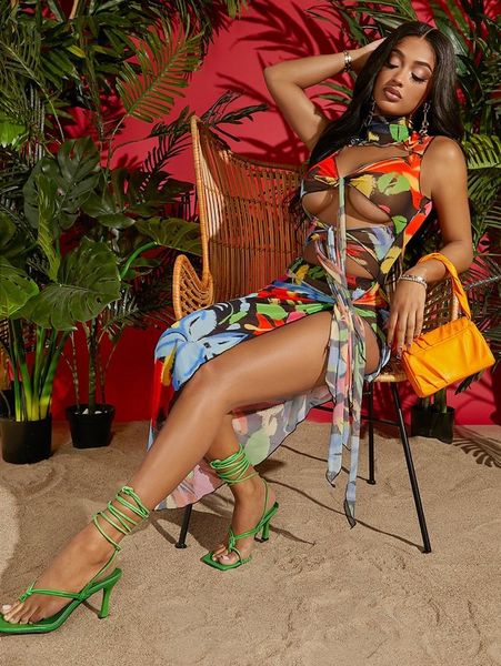 floral print tie cutout front split thigh mesh dress she, Black;gray 
floral print tie cutout front split thigh mesh dress she, Black;gray