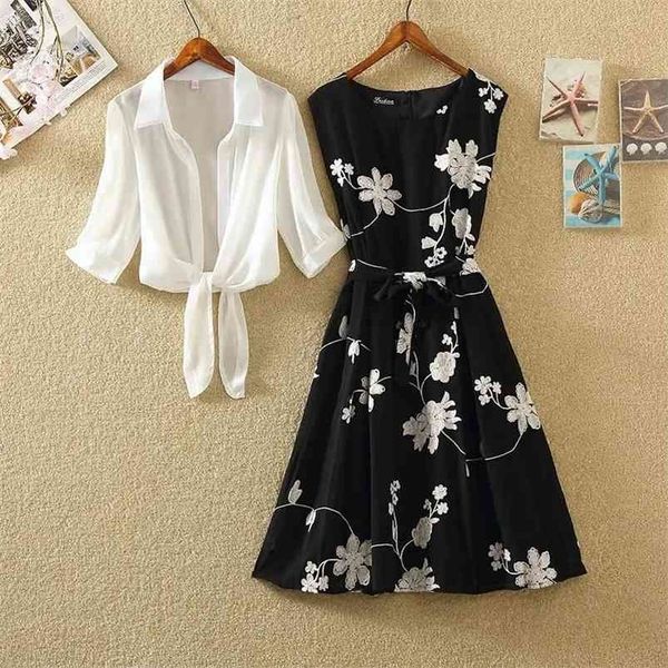 dress suit women's fashion summer style korean style bandage retro printed chiffon dress chiffon blouse two-piece suit 210730, White
dress suit women's fashion summer style korean style bandage retro printed chiffon dress chiffon blouse two-piece suit 210730, White