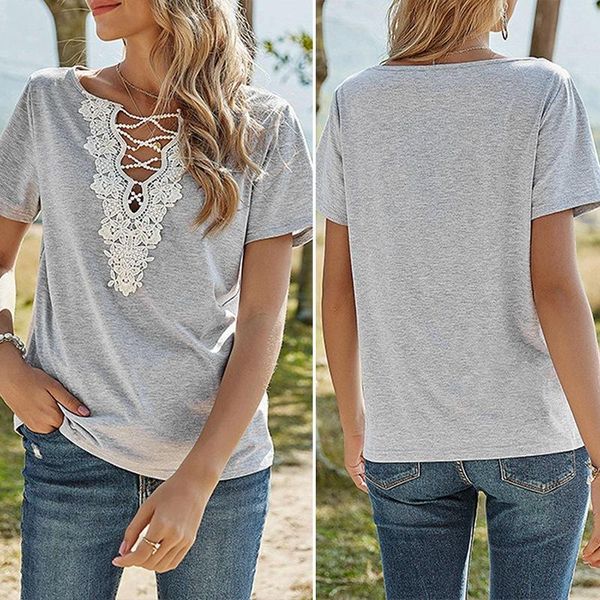 women's t-shirt short-sleeve slim solid color hedging loose lace v-neck casual, White
women's t-shirt short-sleeve slim solid color hedging loose lace v-neck casual, White