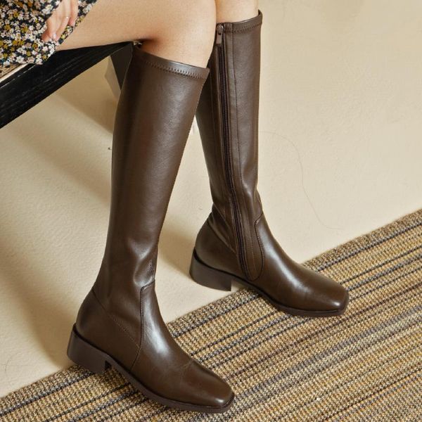 women's genuine leather stretch pu patchwork side zip autumn flats knee high boots square toe casual ong shoes, Black
women's genuine leather stretch pu patchwork side zip autumn flats knee high boots square toe casual ong shoes, Black