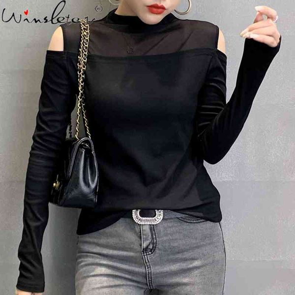 women's t-shirt fall winter korean clothes mock neck t-shirt fashion patchwork mesh off shoulder cotton women ropa mujer, White
women's t-shirt fall winter korean clothes mock neck t-shirt fashion patchwork mesh off shoulder cotton women ropa mujer, White
